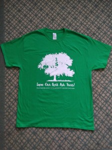 Photo of T-shirt with an image of an ash tree and the words: "Save Our Park Ash Trees! Eastmorland Community Association"